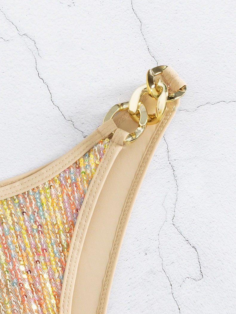 Women's Swimsuit Sequined Lace-up Gold Bikini Swimsuit