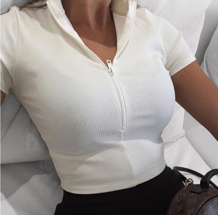 Flattering Bare Midriff Slim Fit Women's Short-sleeved T-shirt Stand Collar Zipper Skinny Exercise Top