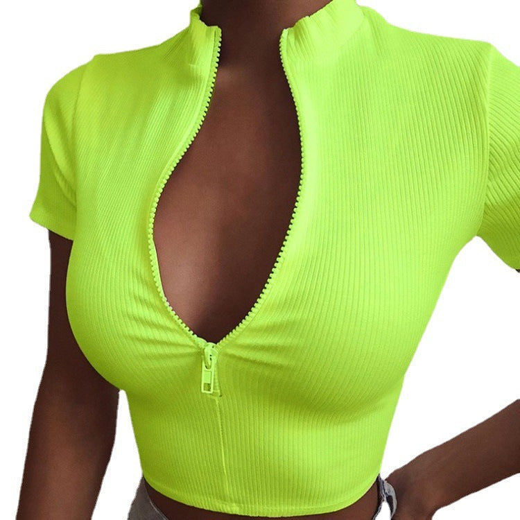 Flattering Bare Midriff Slim Fit Women's Short-sleeved T-shirt Stand Collar Zipper Skinny Exercise Top