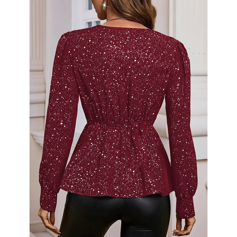 Shiny Long Sleeve Ruched Asymmetrical Hem Sparkle Blouses Cocktail Party Evening Shirts