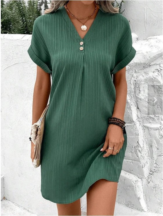 Fashion V-neck Short-sleeved Dress Casual Solid Strip Button Dresses