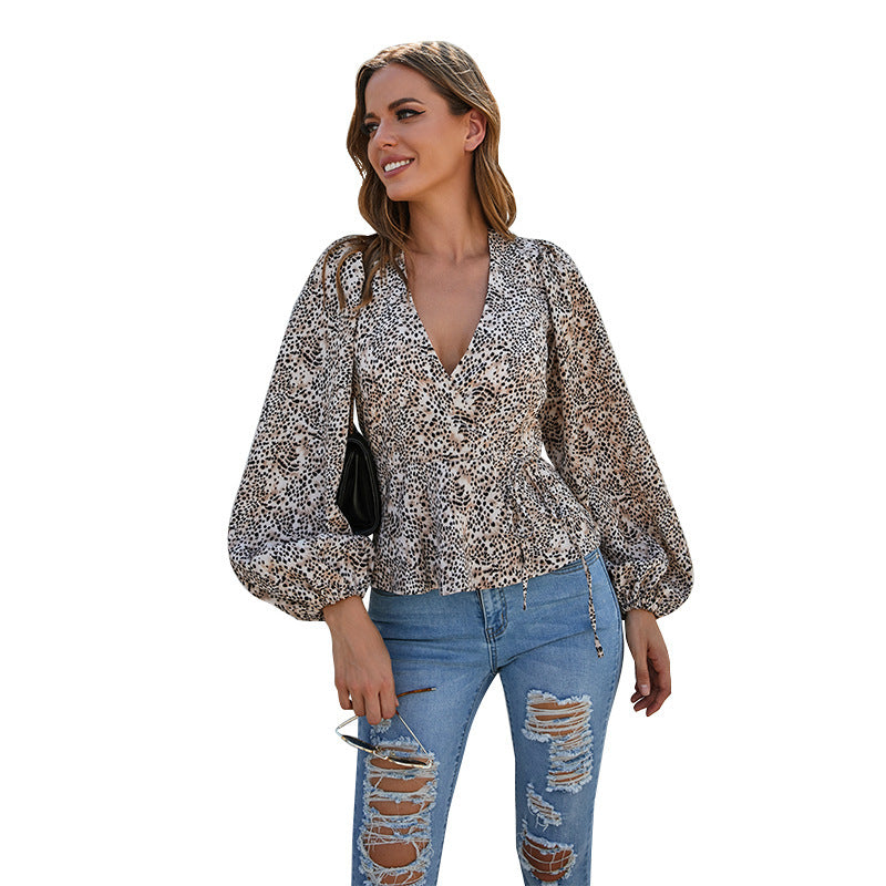 V-neck Lantern Sleeve Leopard Print Temperament Sexy Long-sleeved Top