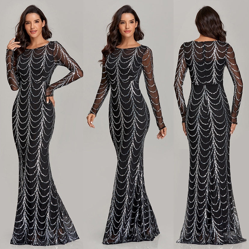 Elegant Sequin Maxi Gown — Long Sleeve Party Dress for Women