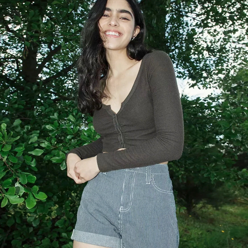 Autumn Pullover Round Neck Long-sleeved Single-breasted Women's Umbilical T-shirt