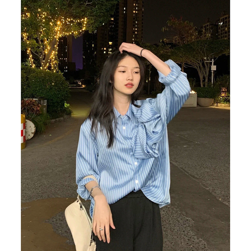 Casual Blue Striped Shirts For Women Lapel Long Sleeve Blouses