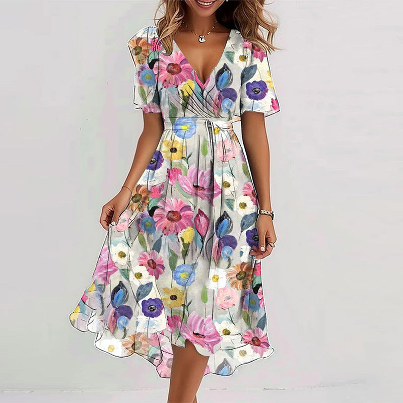 Flowers Printed V-neck Dress Summer A-line Short-sleeved Dresses