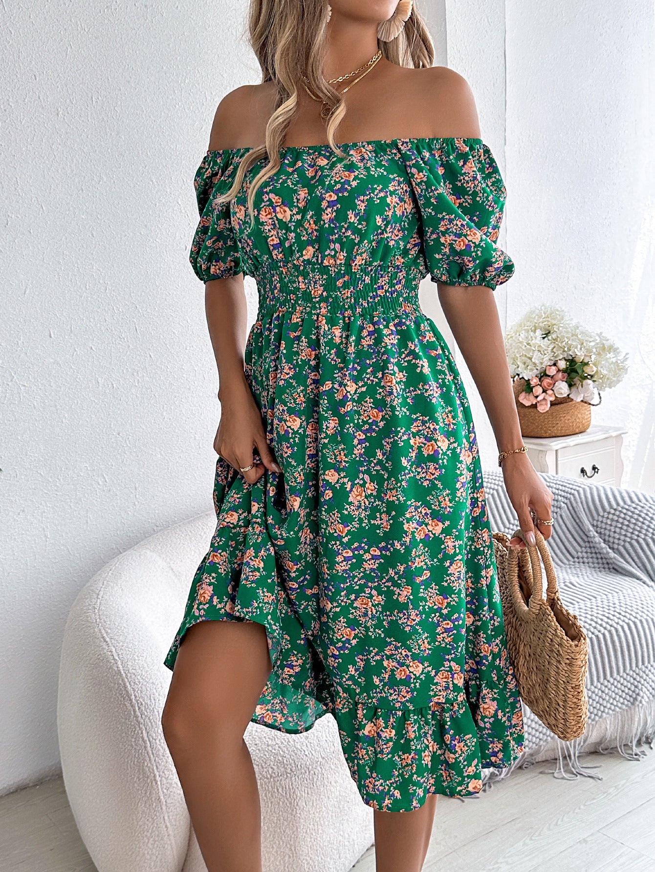 Floral Print Square Collar Dress Summer Fashion Ruffles Dresses
