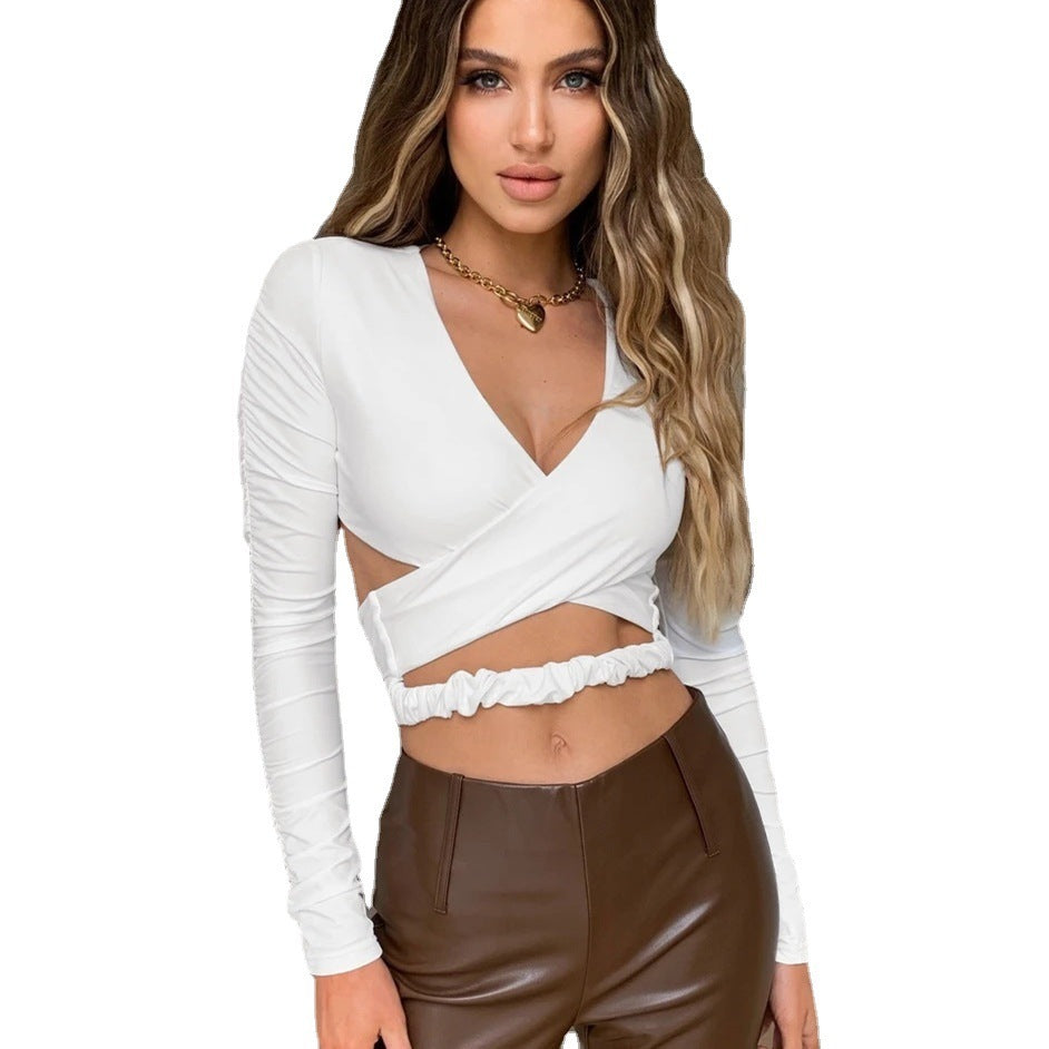 Sexy Deep V Elastic Slim Long Sleeve Short Top