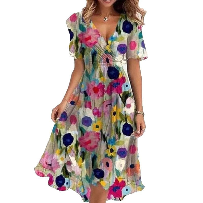 Flowers Printed V-neck Dress Summer A-line Short-sleeved Dresses