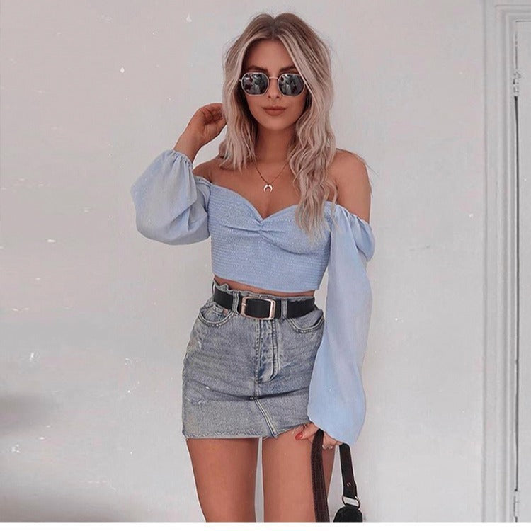 Sexy Light Blue Seersucker V-Neck T-Shirt Long Sleeve Blouse