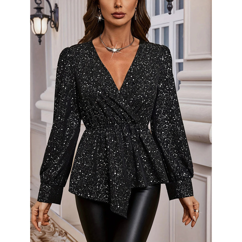 Shiny Long Sleeve Ruched Asymmetrical Hem Sparkle Blouses Cocktail Party Evening Shirts