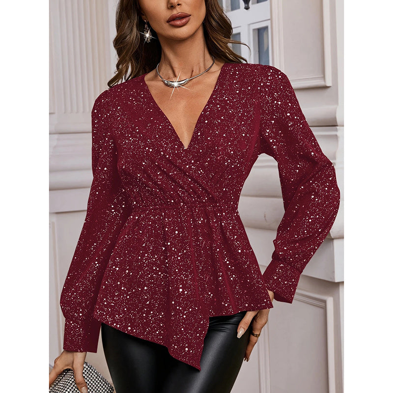 Shiny Long Sleeve Ruched Asymmetrical Hem Sparkle Blouses Cocktail Party Evening Shirts