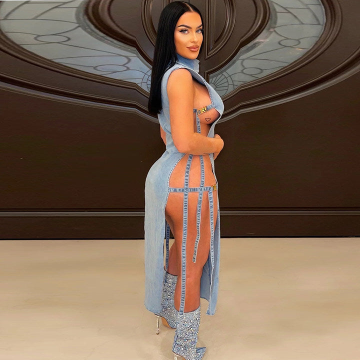 Denim Washed High Collar Dress