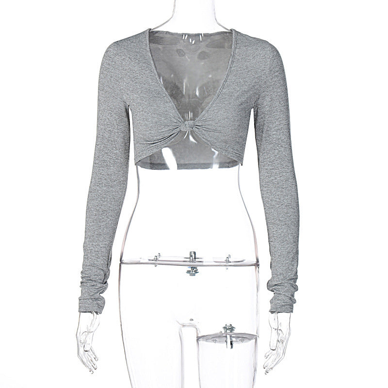 Long Sleeve V Neck Cropped Navel T-Shirt