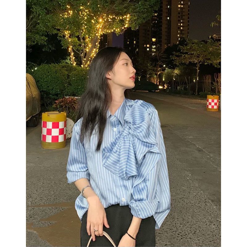 Casual Blue Striped Shirts For Women Lapel Long Sleeve Blouses
