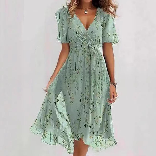 Flowers Printed V-neck Dress Summer A-line Short-sleeved Dresses