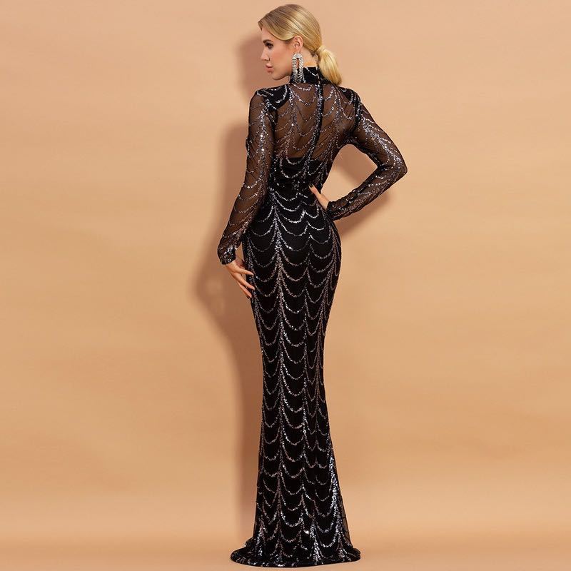 Elegant Sequin Maxi Gown — Long Sleeve Party Dress for Women