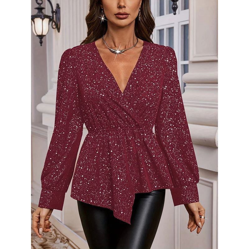 Shiny Long Sleeve Ruched Asymmetrical Hem Sparkle Blouses Cocktail Party Evening Shirts