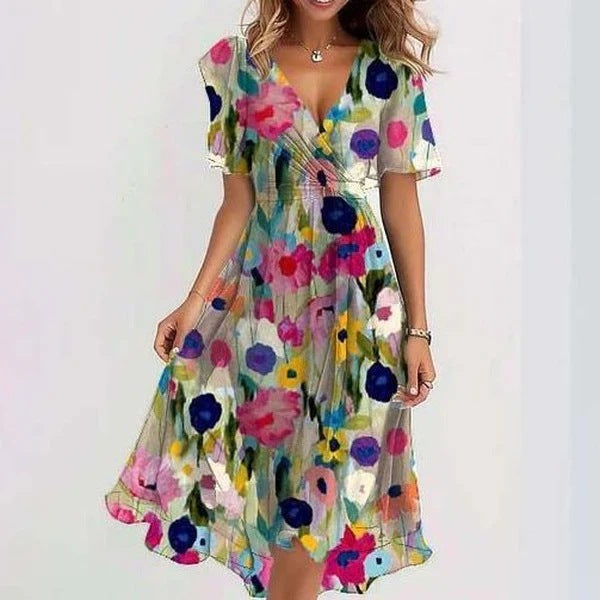 Chiffon Printed Short Sleeve V-neck Dresses