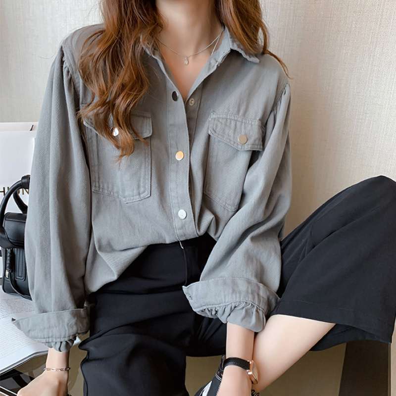 Blouses Shirts Women Spring Pockets Long Sleeve Fashion