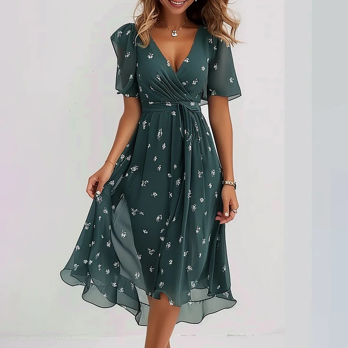 Chiffon Printed Short Sleeve V-neck Dresses