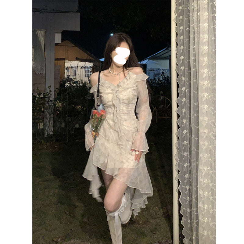 Elegant V-Neck Dress with Floral Ruffles