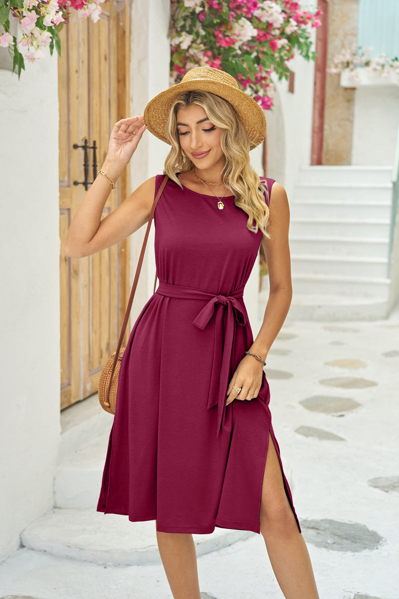 Summer Sleeveless Dress With Pockets Waist Lace-up Slits Dresses