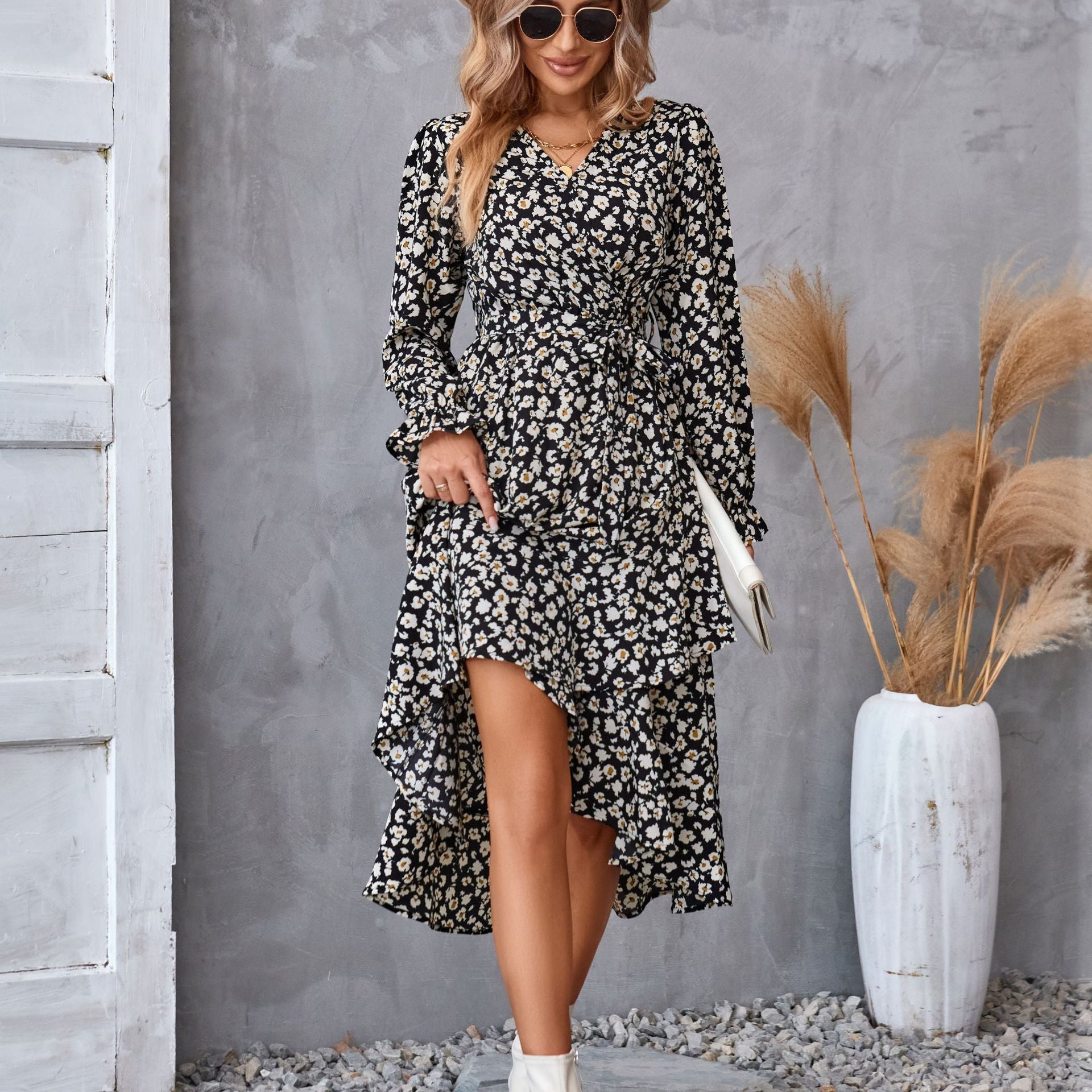 Flowers Print Long Sleeve Dress Fashion Ruffled Dresses Womens Clothing