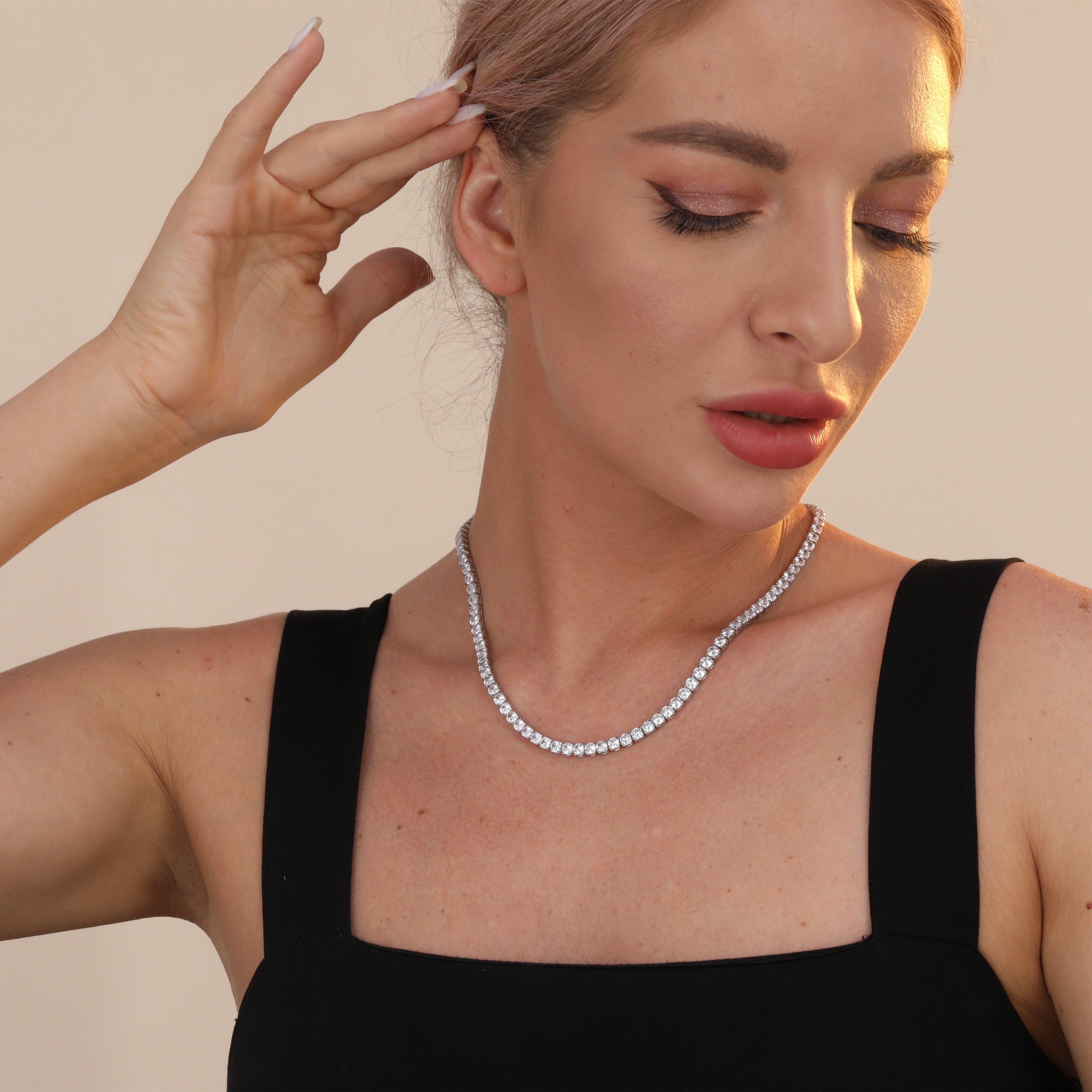 Trendy 925 Sterling Silver Tennis Necklace with Sparkling CZ Stones – 4MM Chain