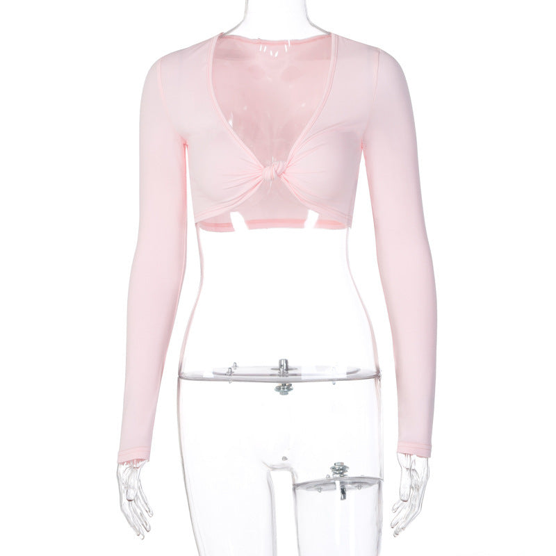 Long Sleeve V Neck Cropped Navel T-Shirt