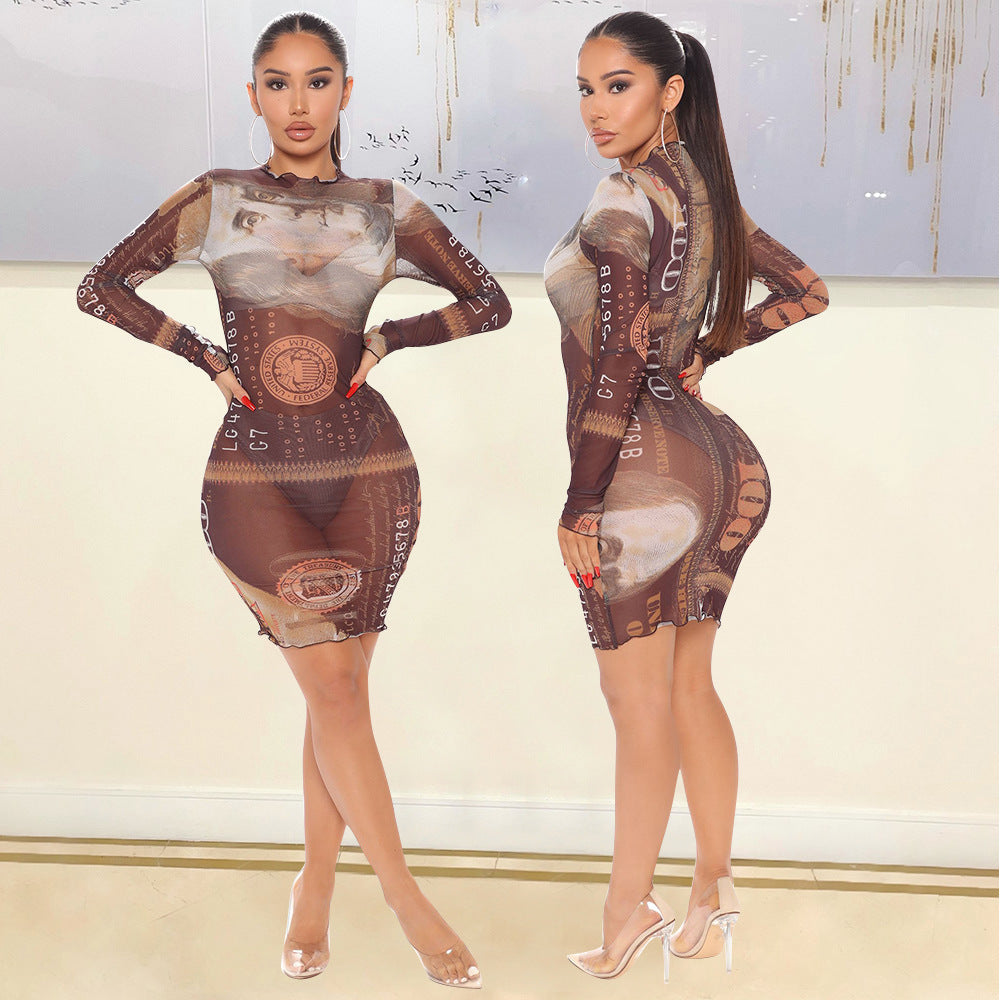 Mesh See-Through Long-Sleeved Dress