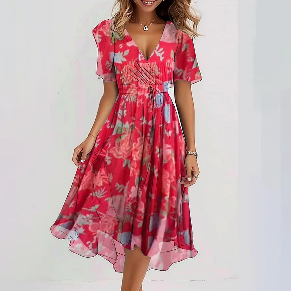 Chiffon Printed Short Sleeve V-neck Dresses