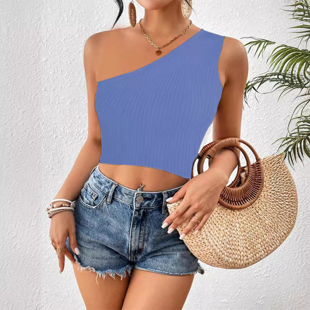 Women's Cropped One-shoulder Diagonal Collar Knitted Vest