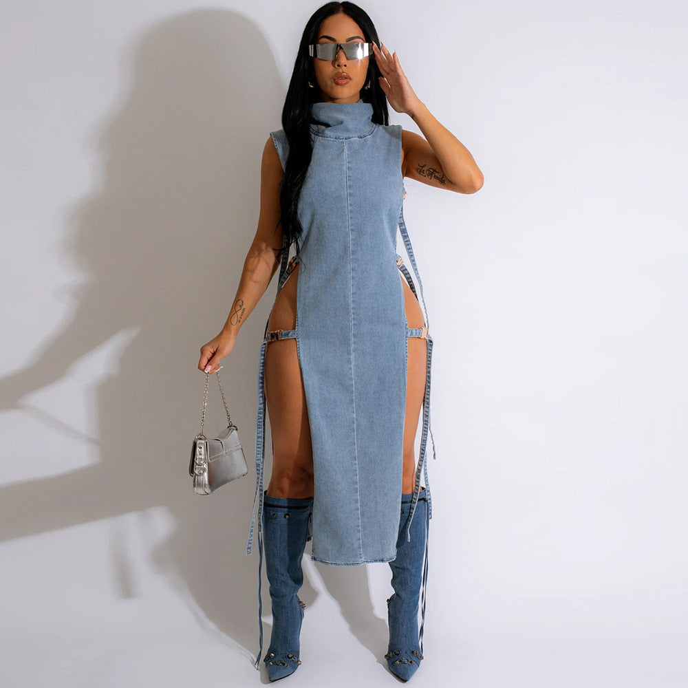 Denim Washed High Collar Dress