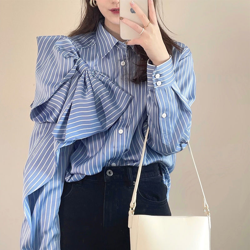 Casual Blue Striped Shirts For Women Lapel Long Sleeve Blouses