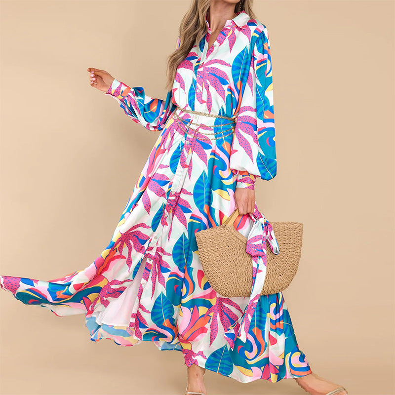 Women’s Printed Long-Sleeve Dress — Polo Collar & Oversized Hem