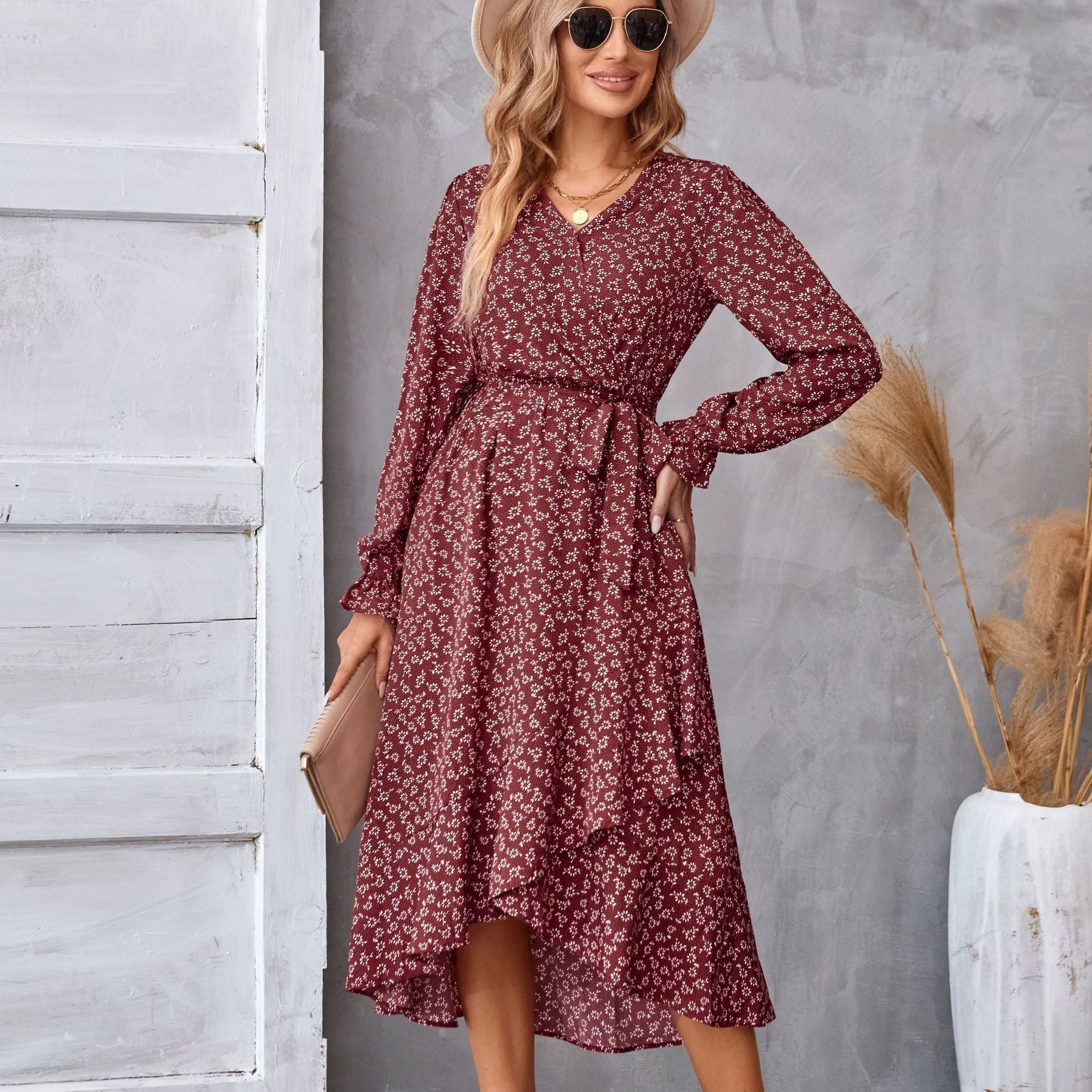 Flowers Print Long Sleeve Dress Fashion Ruffled Dresses Womens Clothing
