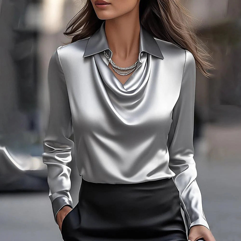 Elegant Solid Satin Office Ladies Top Pullover Spring Long Sleeve Casual Tops