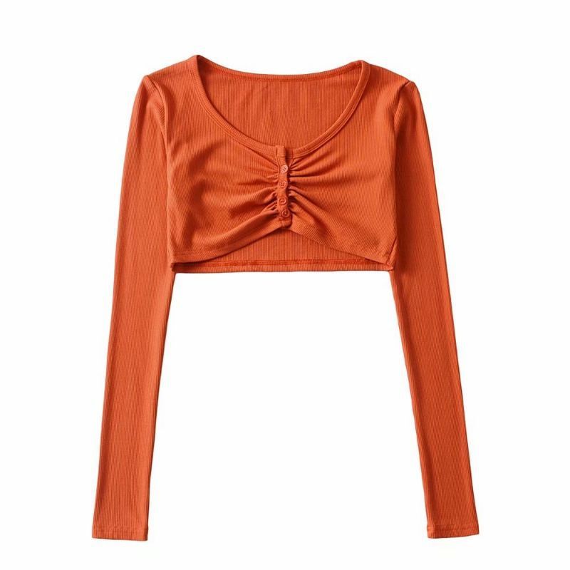 Autumn Pullover Round Neck Long-sleeved Single-breasted Women's Umbilical T-shirt