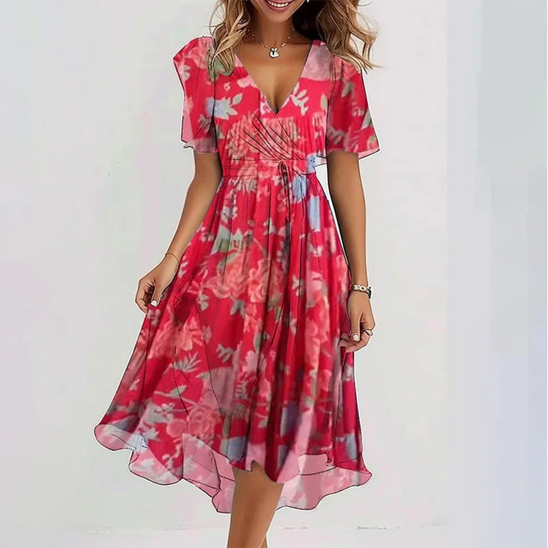 Flowers Printed V-neck Dress Summer A-line Short-sleeved Dresses