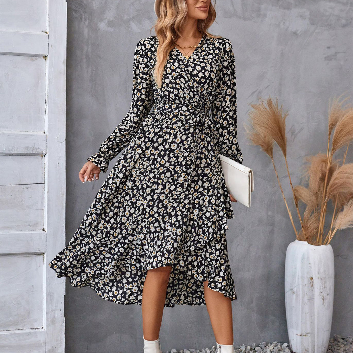 Flowers Print Long Sleeve Dress Fashion Ruffled Dresses Womens Clothing