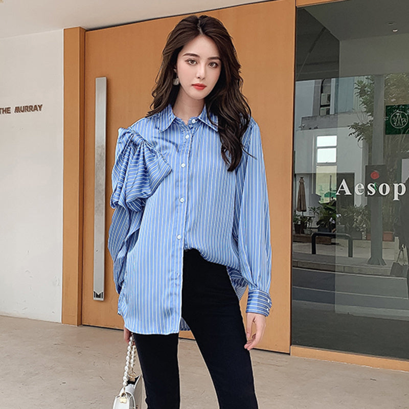 Casual Blue Striped Shirts For Women Lapel Long Sleeve Blouses