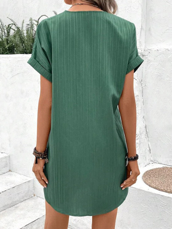 Fashion V-neck Short-sleeved Dress Casual Solid Strip Button Dresses