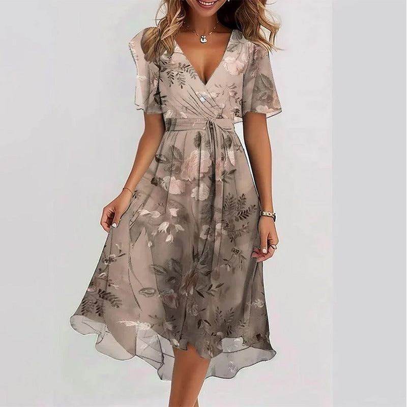Flowers Printed V-neck Dress Summer A-line Short-sleeved Dresses