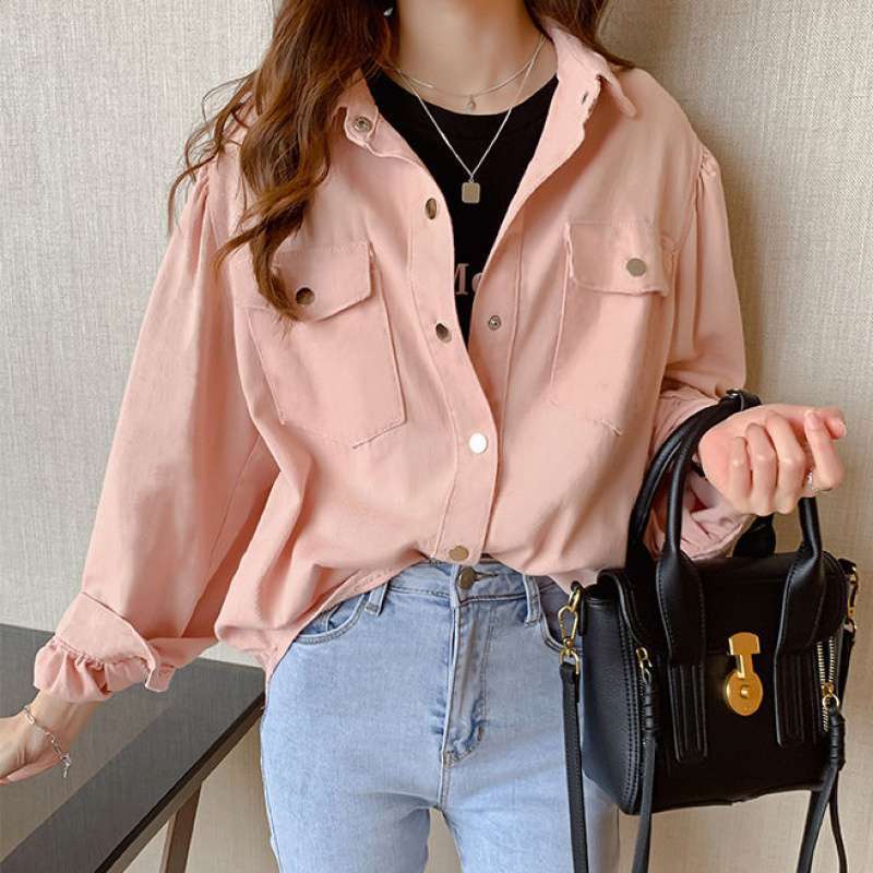 Blouses Shirts Women Spring Pockets Long Sleeve Fashion