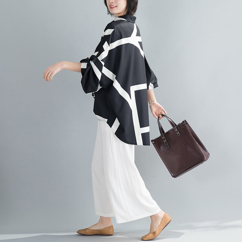 Korean Style Large Size Loose Contrast Printing Mid-length Shirt
