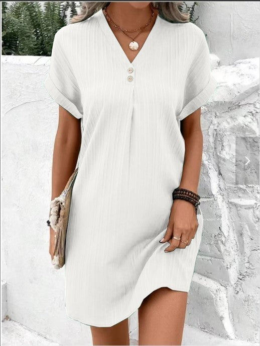 Fashion V-neck Short-sleeved Dress Casual Solid Strip Button Dresses