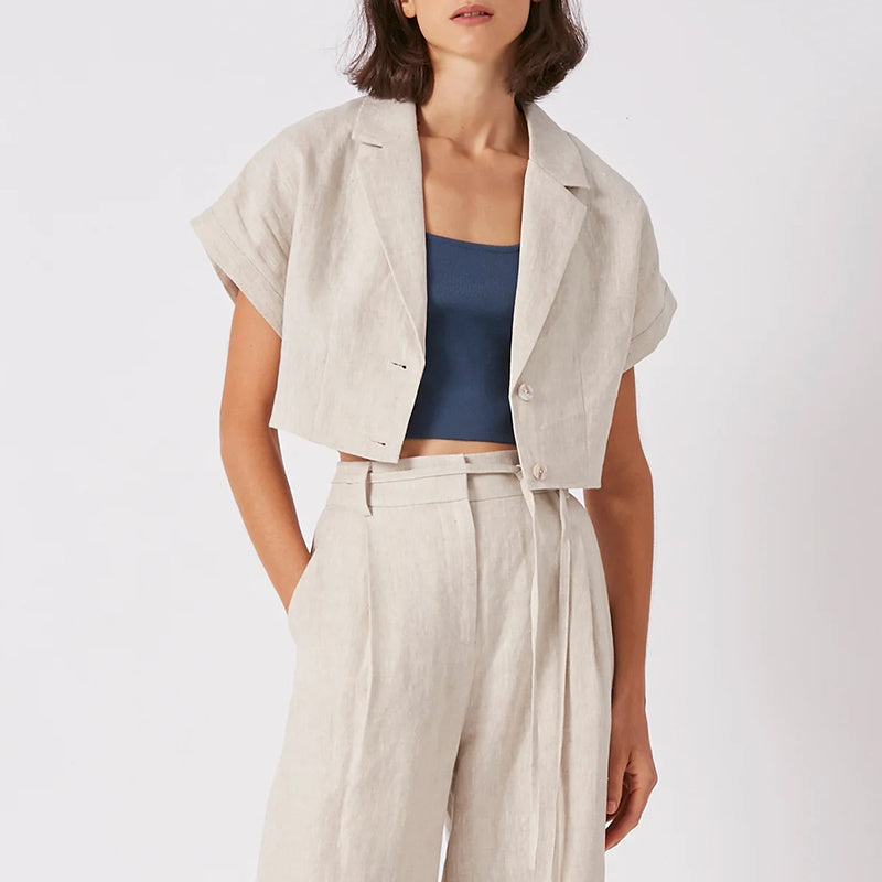 Linen Short Sleeved Suit Collar Shirt