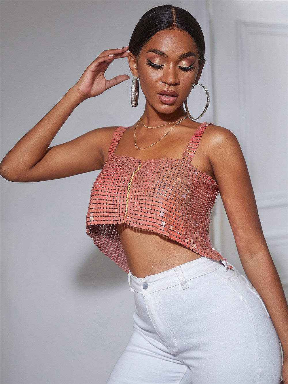 Women's Metal Sequins Chain Strap Tube Top