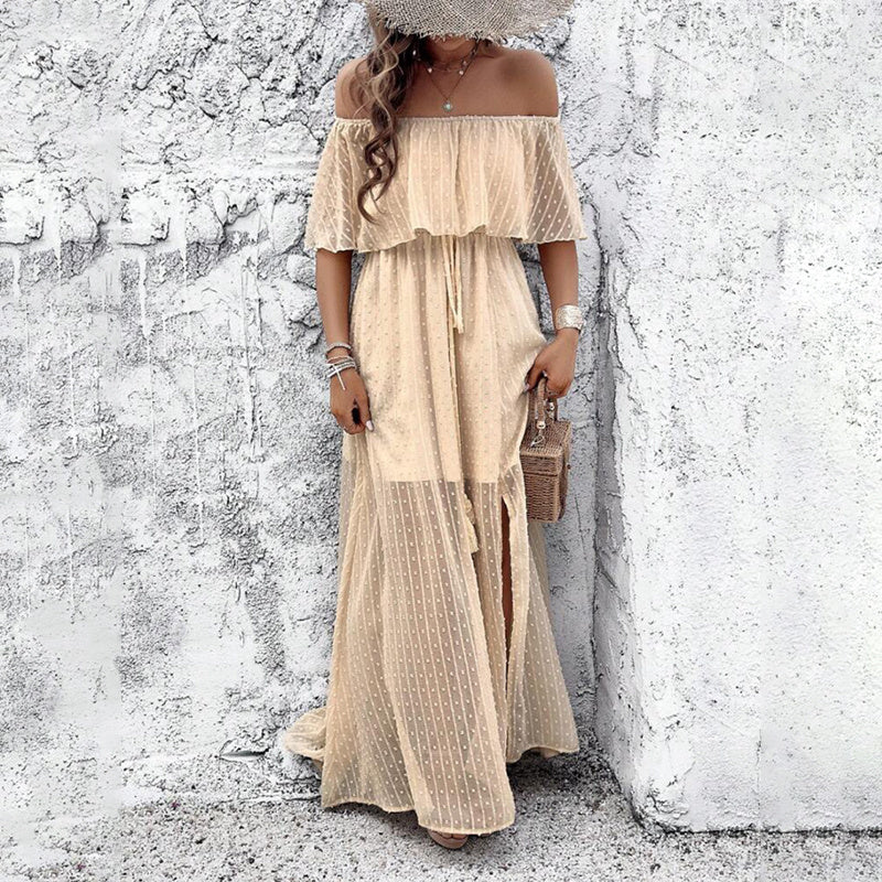 Womens Off The Shoulder Ruffle Party Dresses Side Split Beach Maxi Dress